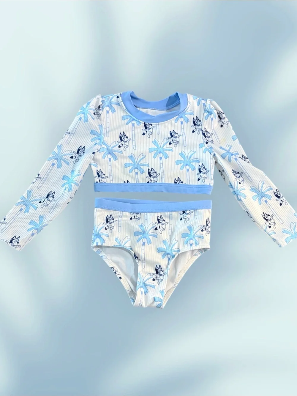 🎀 Girls Light Blue Bluey-Print Long Sleeve Rashguard Two-Piece Swim Set